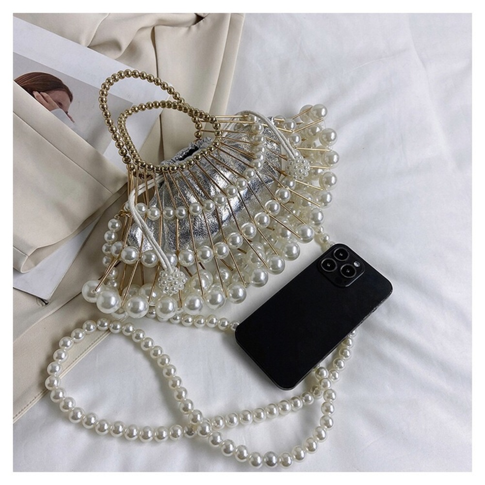women's pearl chain oblique hollow handbag - Picture 7 of 16